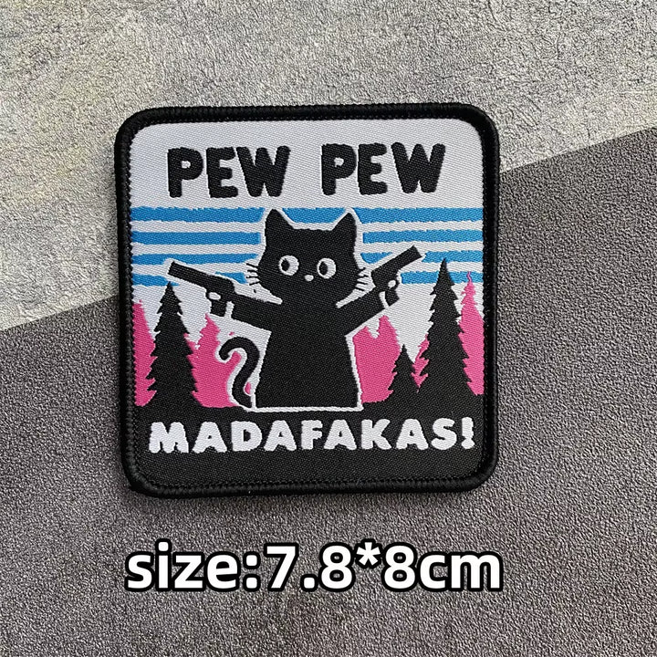 PEW PEW Madafakas Gun Tactical Morale Badge Patch Black Cat It'S Fine Armband Fabric Patches Funny Hook & Loop Backpack Emblems