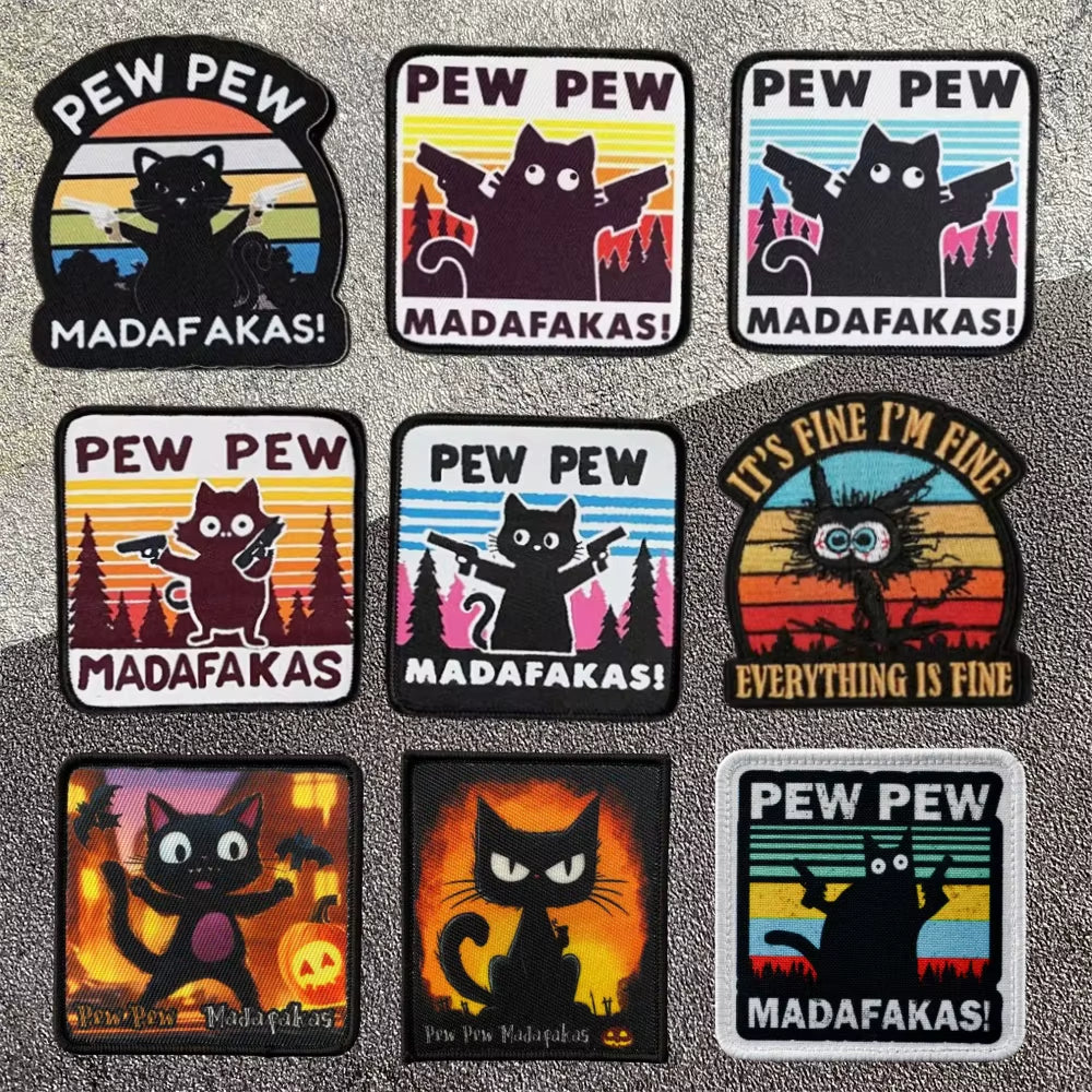 PEW PEW Madafakas Gun Tactical Morale Badge Patch Black Cat It'S Fine Armband Fabric Patches Funny Hook & Loop Backpack Emblems