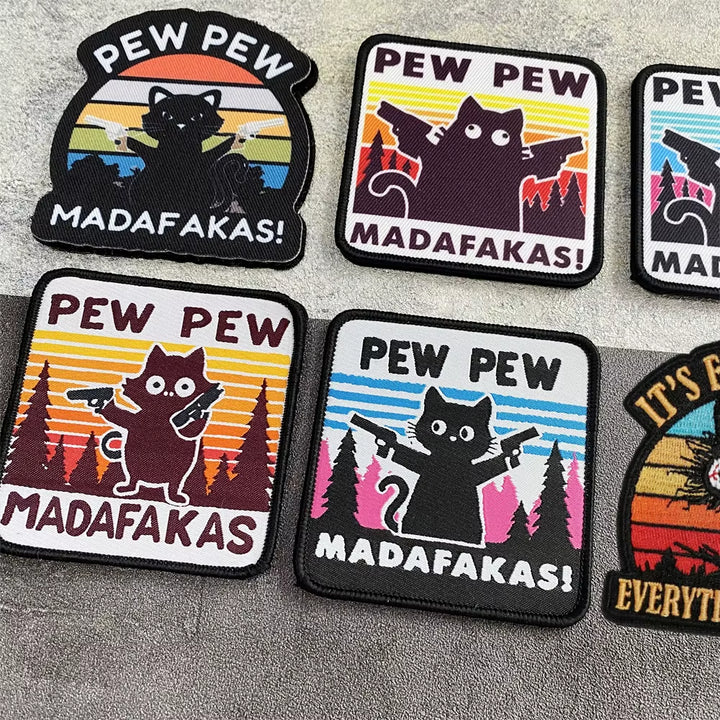 PEW PEW Madafakas Gun Tactical Morale Badge Patch Black Cat It'S Fine Armband Fabric Patches Funny Hook & Loop Backpack Emblems