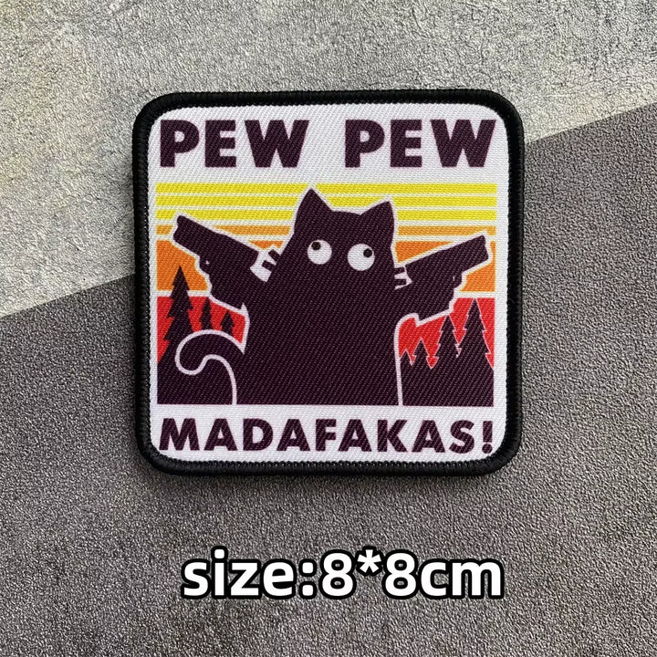 PEW PEW Madafakas Gun Tactical Morale Badge Patch Black Cat It'S Fine Armband Fabric Patches Funny Hook & Loop Backpack Emblems