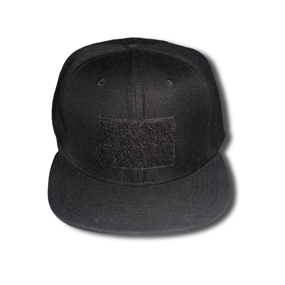 High-quality black flat brim snapback hat with durable loop panel