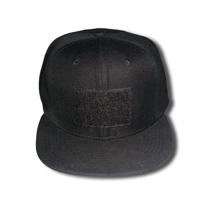 High-quality black flat brim snapback hat with durable loop panel